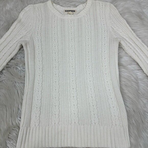 Express Women’s Off-White Y2K Cable Knit 3/4 Sleeve Crew Neck Sweater M/C32 - Picture 5 of 9